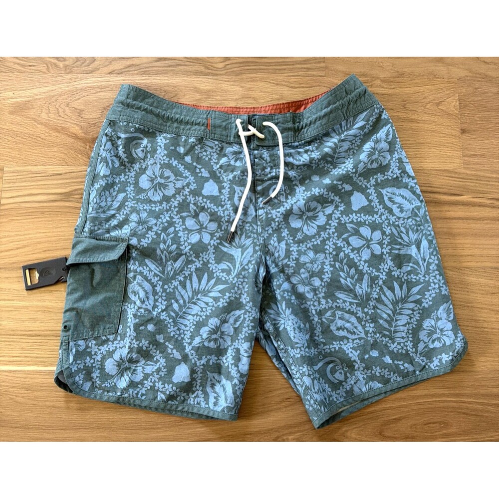Quicksilver Waterman Board Shorts 34 Floral Blue Green Bottle Opener Stretch